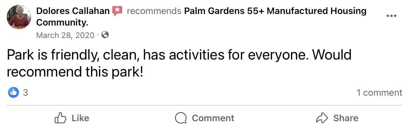 Another 5 star Facebook review of Palm Gardens RV Park Mesa, AZ