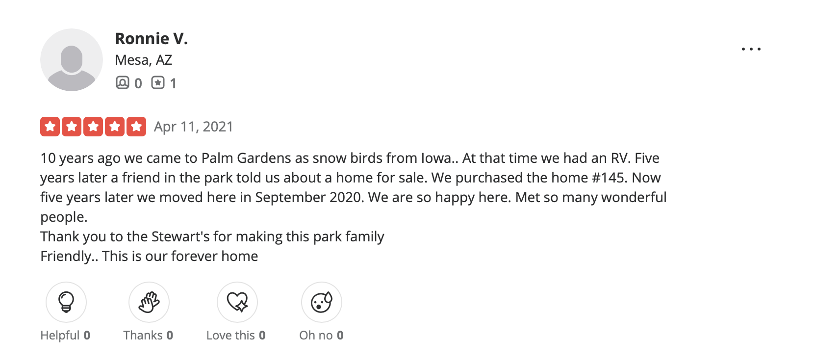Another 5 star Yelp review of Palm Gardens RV Park Mesa, AZ